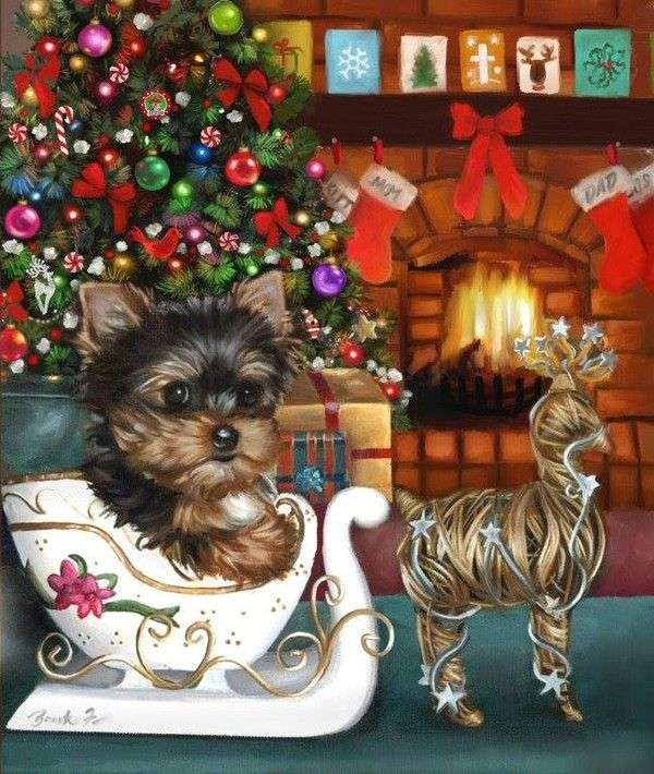 Natal # 11 - Filhote de cachorro perto da árvore de Natal quebra-cabeças online