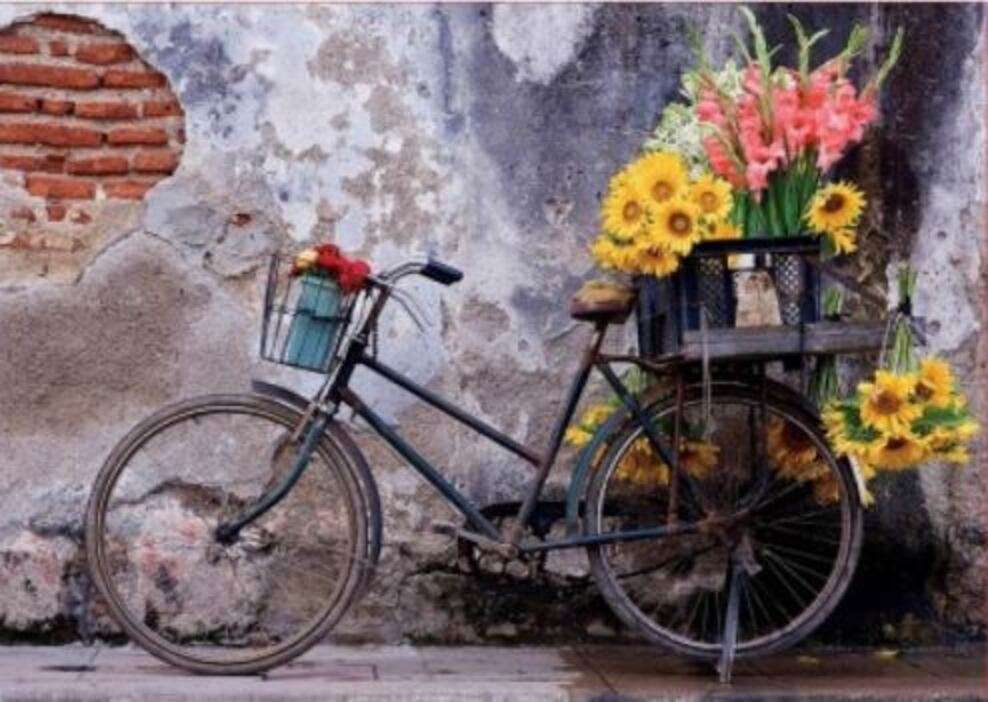 Старый велосипед с красивыми цветами онлайн-пазл
