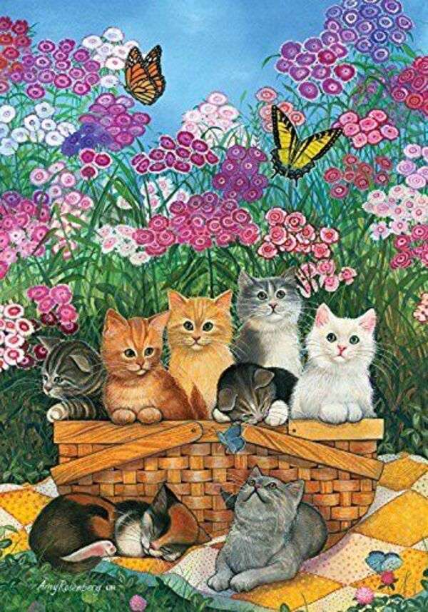 Седем котенца, заобиколени от цветя онлайн пъзел