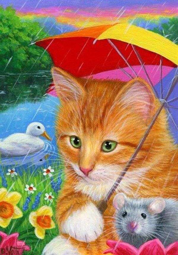 Gattino con topo sotto la pioggia puzzle online