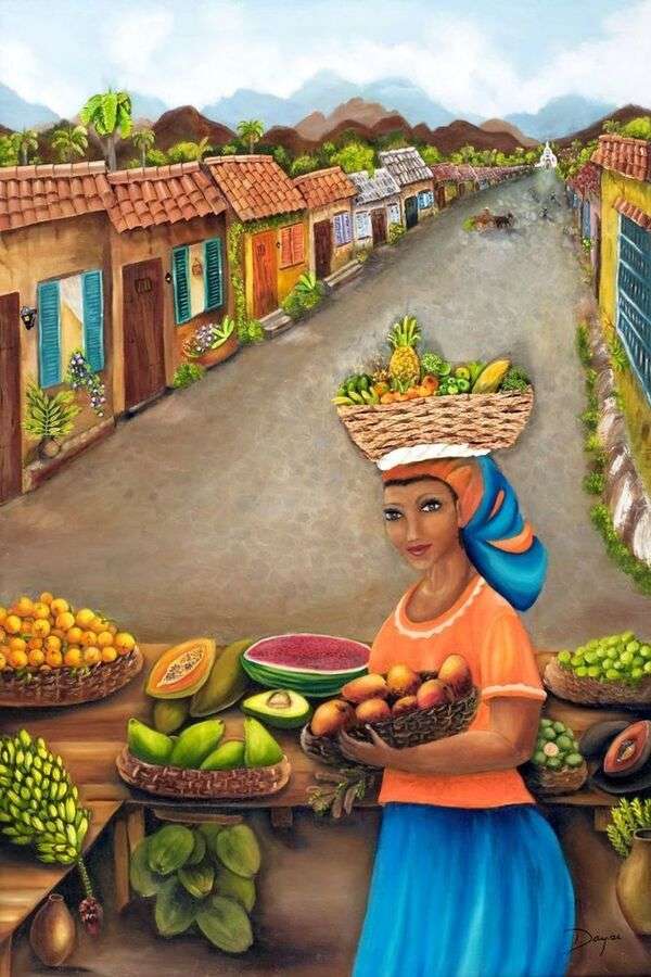 Τοπίο #50 - Η κυρία κουβαλά φρούτα στο κεφάλι της παζλ online