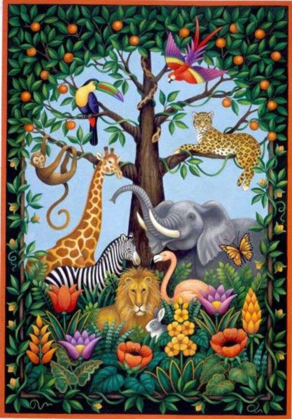 Giraffe accompanied by friends in the jungle jigsaw puzzle online
