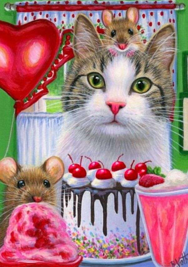Le chaton fête avec une tarte aux cerises puzzle en ligne