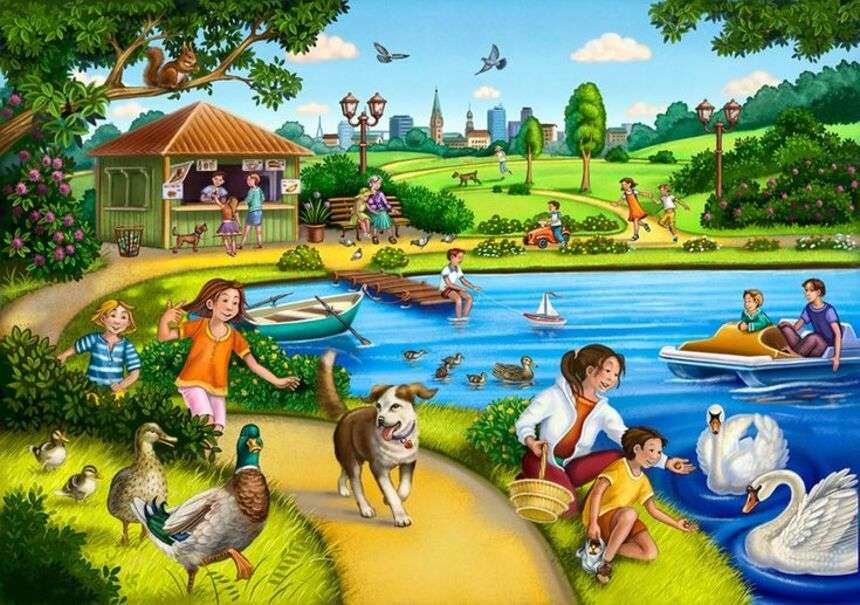 Familie und Tiere genießen den See Online-Puzzle