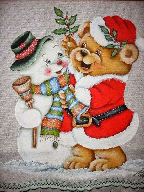 Рождество # 17 - Мишка Тедди со снеговиком онлайн-пазл