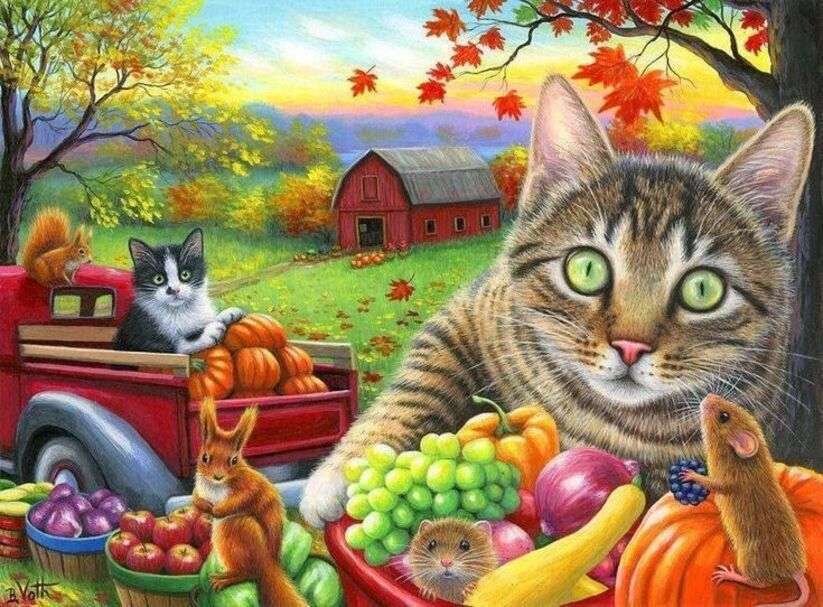 Pisicile colectează fructe proaspete jigsaw puzzle online