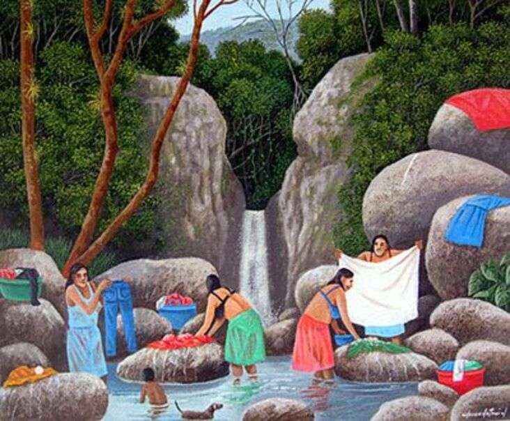Paysage # 52 - Femmes lavant le linge dans la rivière puzzle en ligne