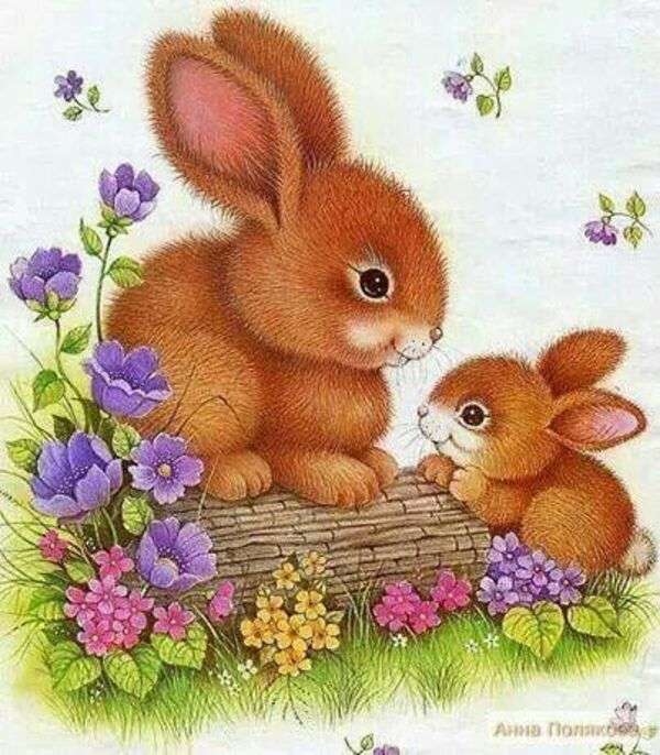 Cute bunnies on tree trunk online puzzle