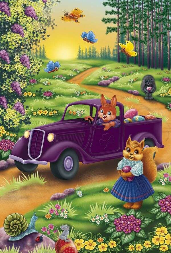 Το λαγουδάκι κοιτάζει τον μικρό σκίουρο στο αυτοκίνητό του online παζλ
