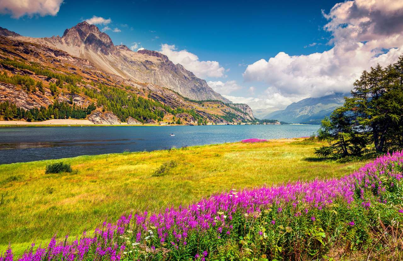 Slunečná letní scéna na jezeře Silsersee online puzzle