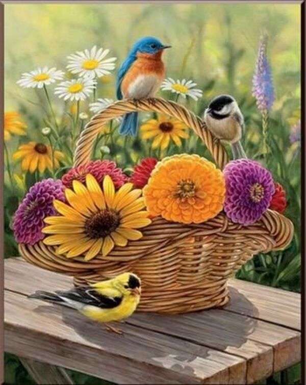 Кошница с цветя и малки птички наоколо онлайн пъзел