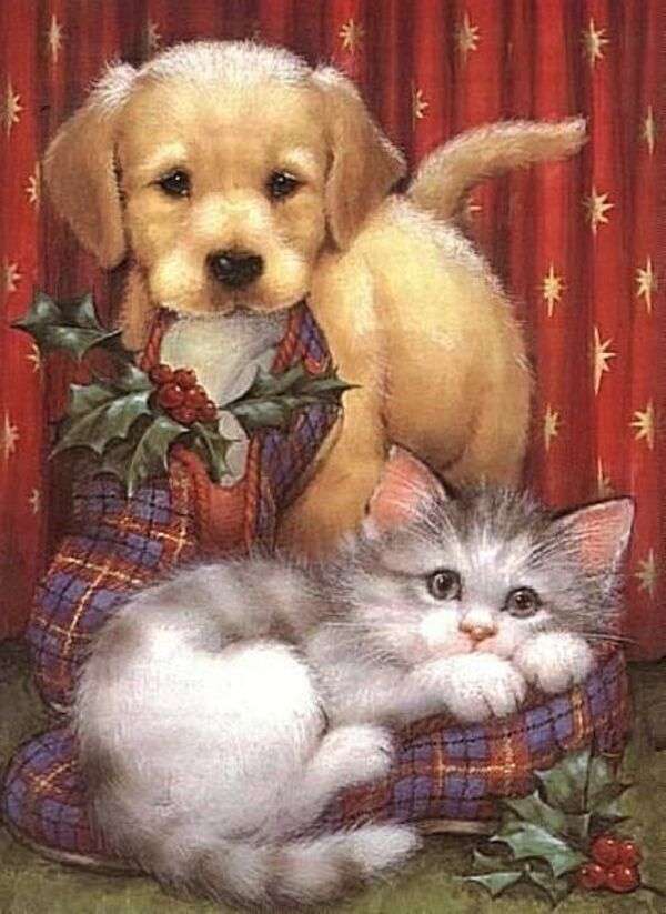 Рождество #21 - Рождественский щенок и котенок онлайн-пазл