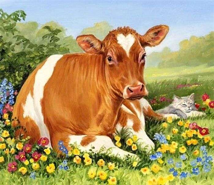 Красивая корова в поле пазл онлайн