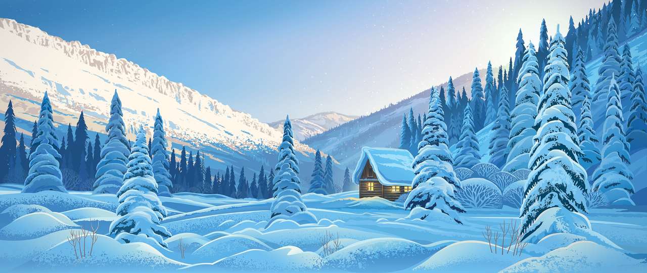 Téli hegyi táj kunyhóval kirakós online