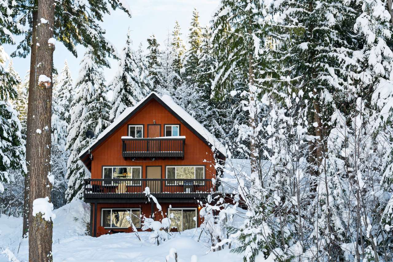 Eine Hütte sitzt im Winter zwischen den Bäumen Online-Puzzle