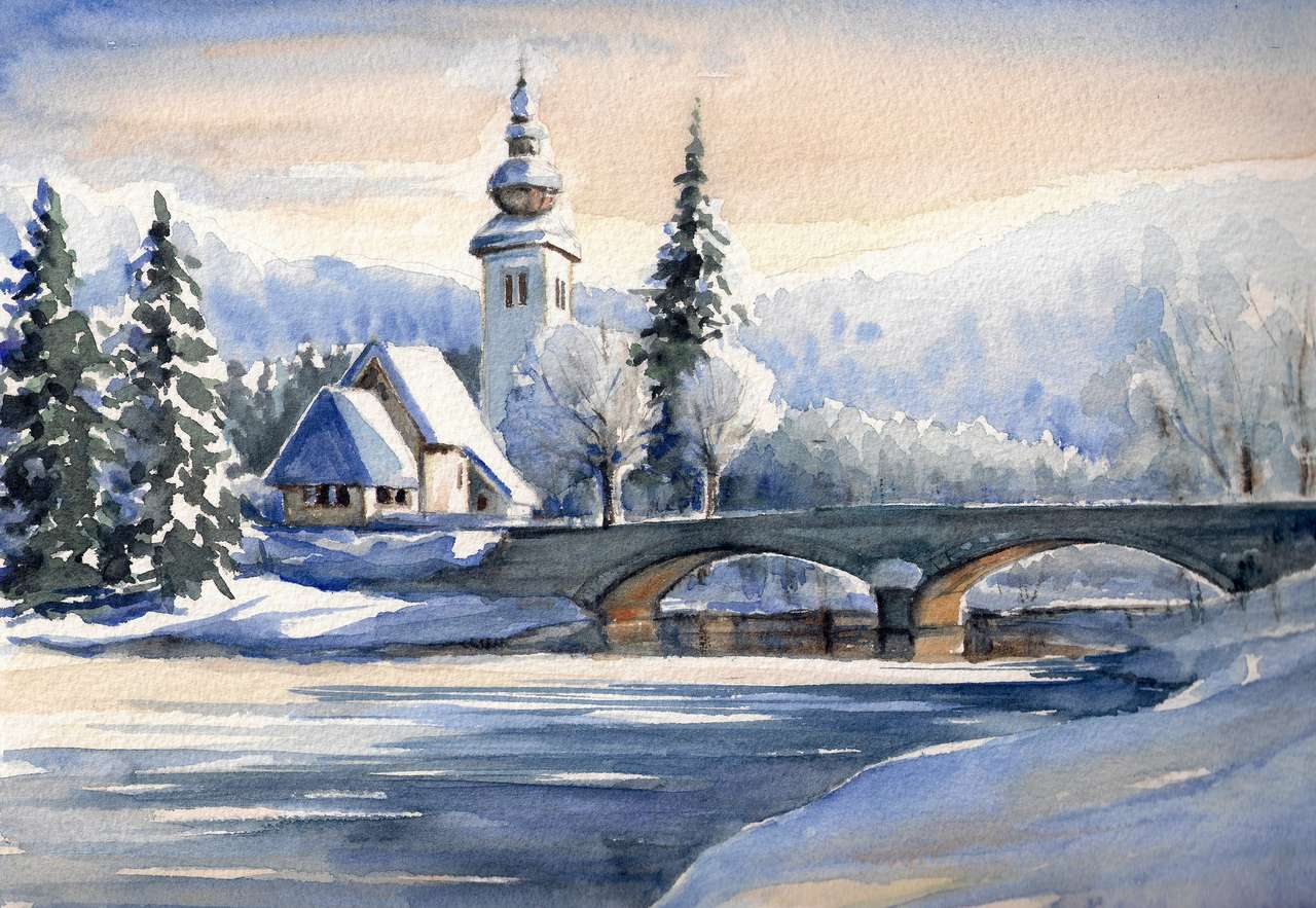 Templom és híd a folyón Bohinjban, Szlovéniában online puzzle