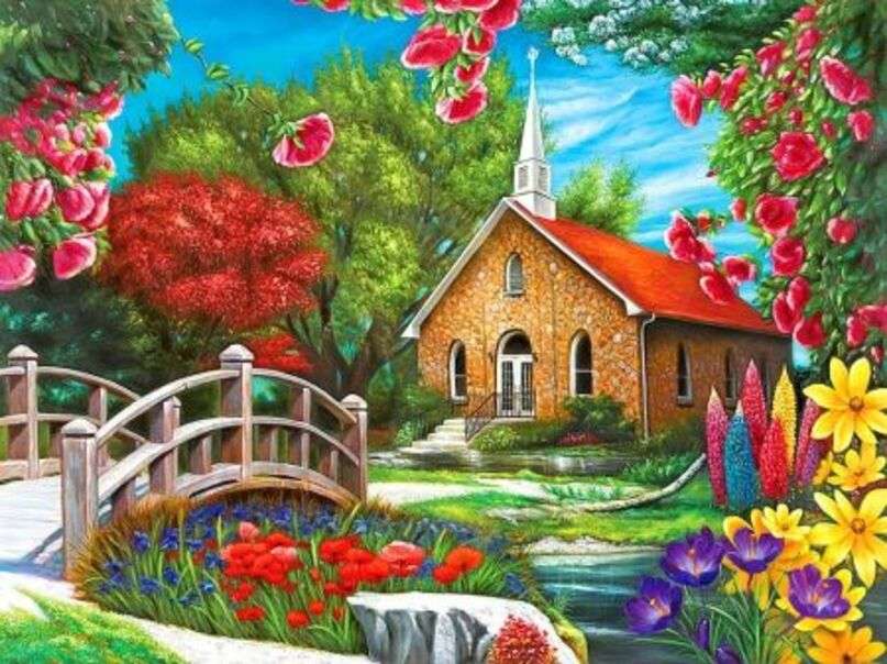 Пейзаж # 55 - Милая церковь в окружении цветов пазл онлайн
