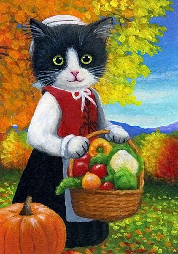 Котенок с корзиной свежих овощей онлайн-пазл
