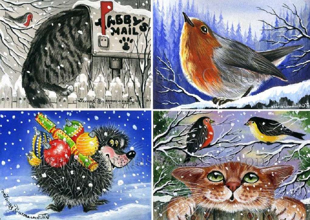 Meli-melo van Kerstmis; egel, katten, roodborstje. online puzzel