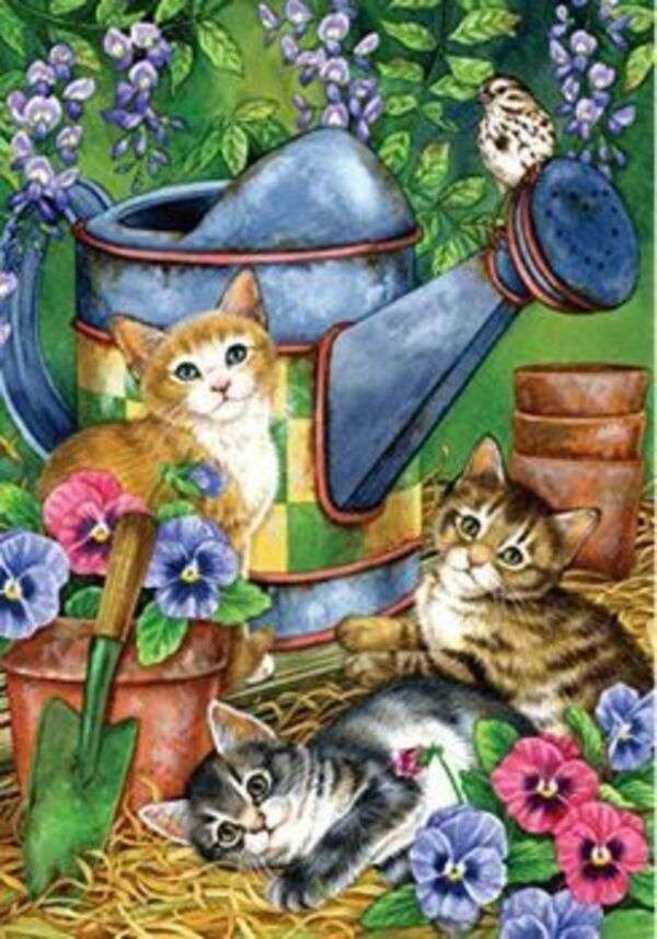 Kittens in de buurt van bloemengieter online puzzel