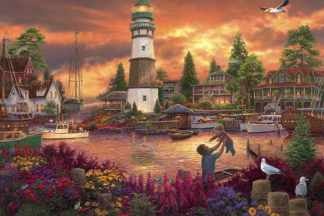 Harbor town in the bay, lighthouse jigsaw puzzle online