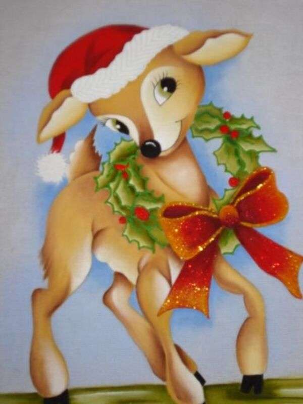 Natale #25 - Bambi con il cappello e il fiocco di Natale puzzle online