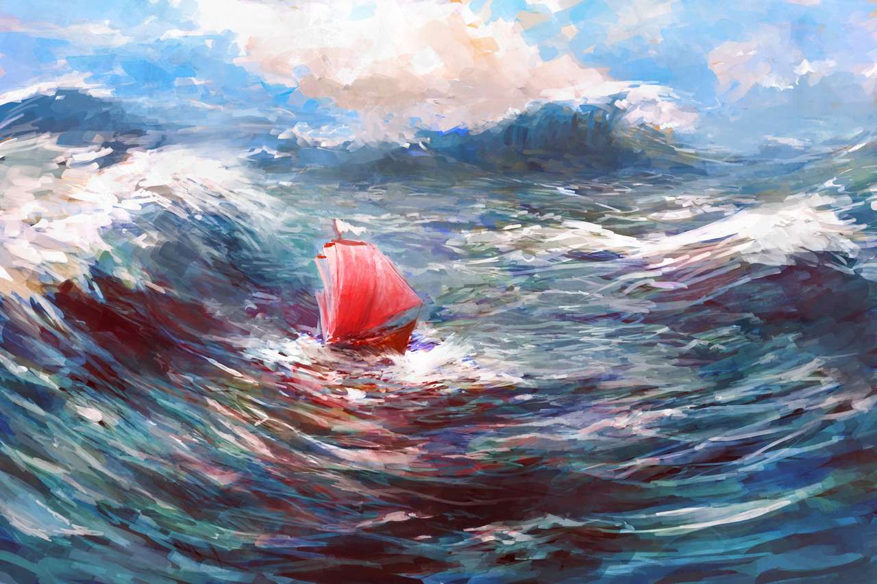 Корабль с красными парусами в штормовом море онлайн-пазл