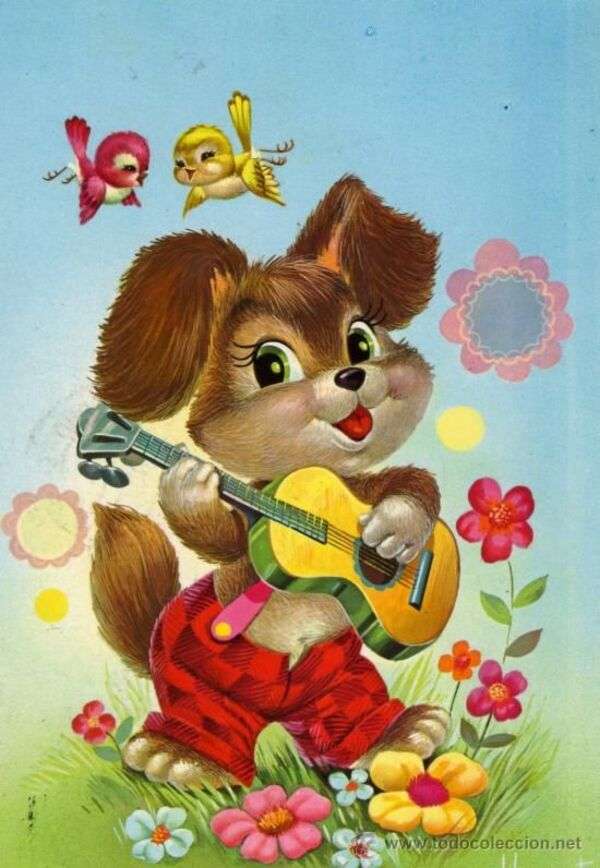štěně hrající na kytaru skládačky online