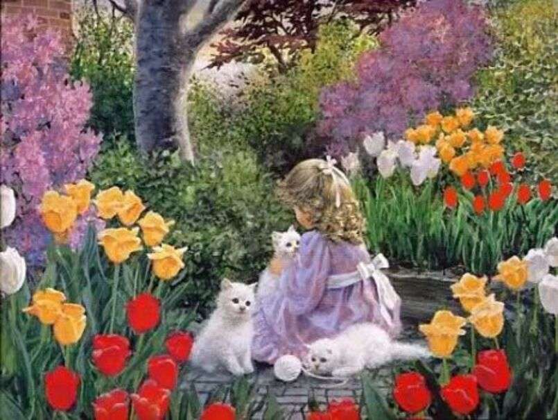 Petite fille mignonne dans le jardin avec ses chatons puzzle en ligne