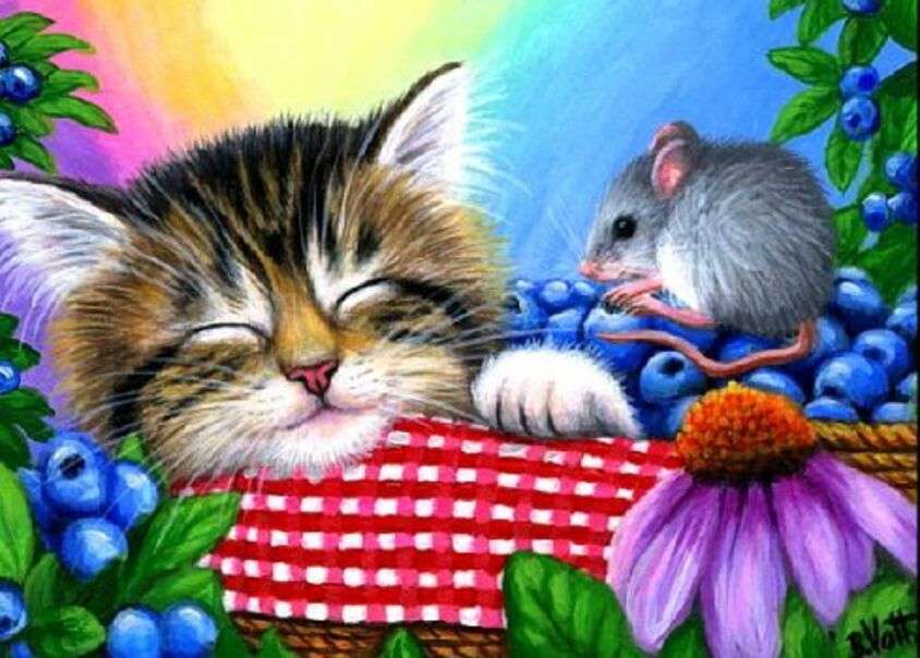 Little mouse looks at the sleeping kitten online puzzle