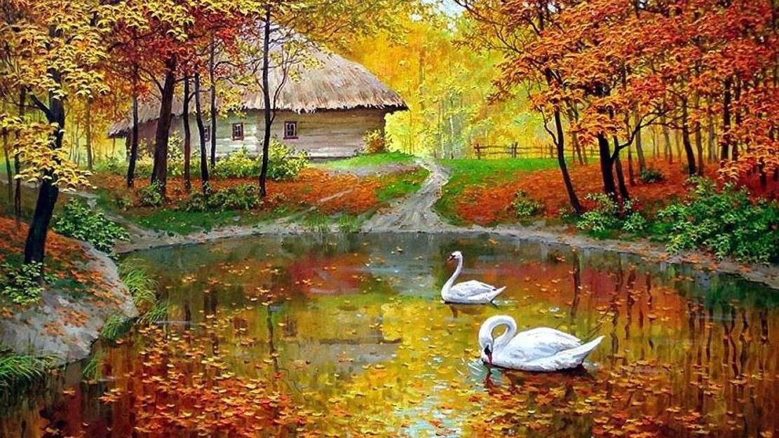 Un estanque en el bosque de otoño. rompecabezas en línea