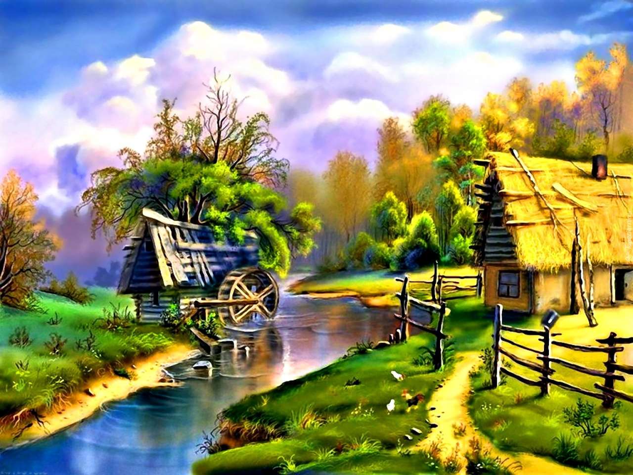 Maler-Mühle, Hütte am Fluss Online-Puzzle