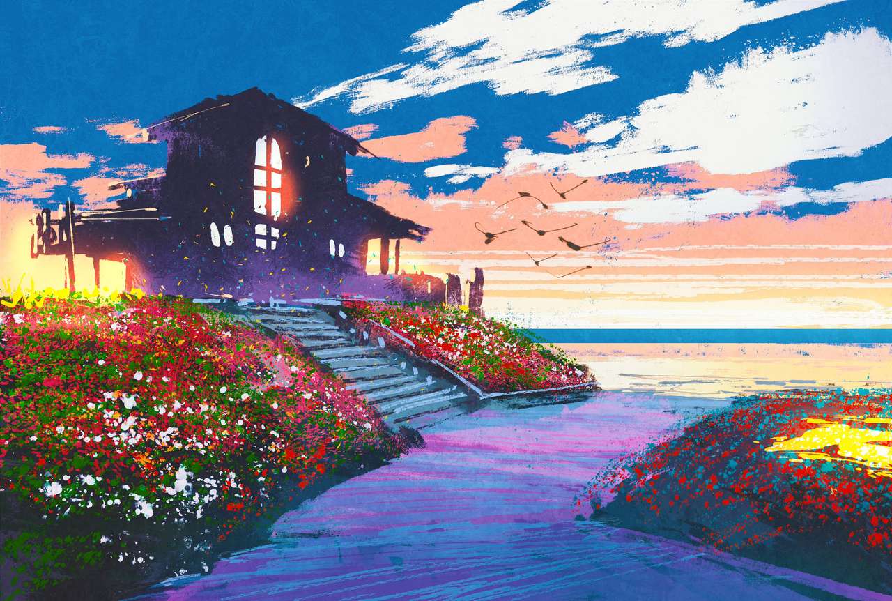 pintura de paisaje marino con casa de playa rompecabezas en línea