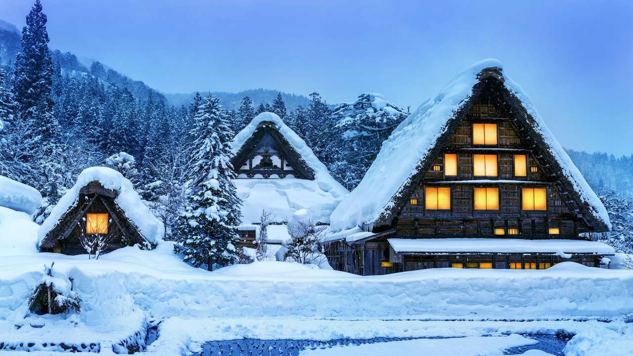 Shirakawa-go by på vintern pussel på nätet