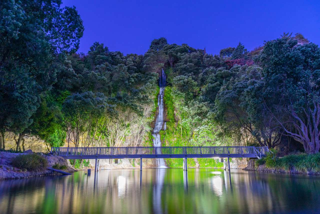 Nachtansicht des Centennial-Wasserfalls in Napier, Neuseeland Online-Puzzle