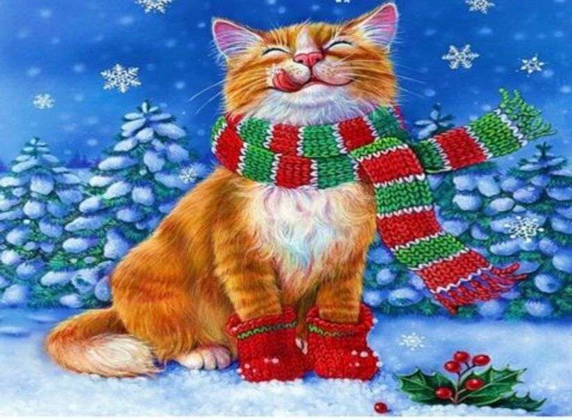Navidad #28 - Gatito en la nieve con bufanda rompecabezas en línea