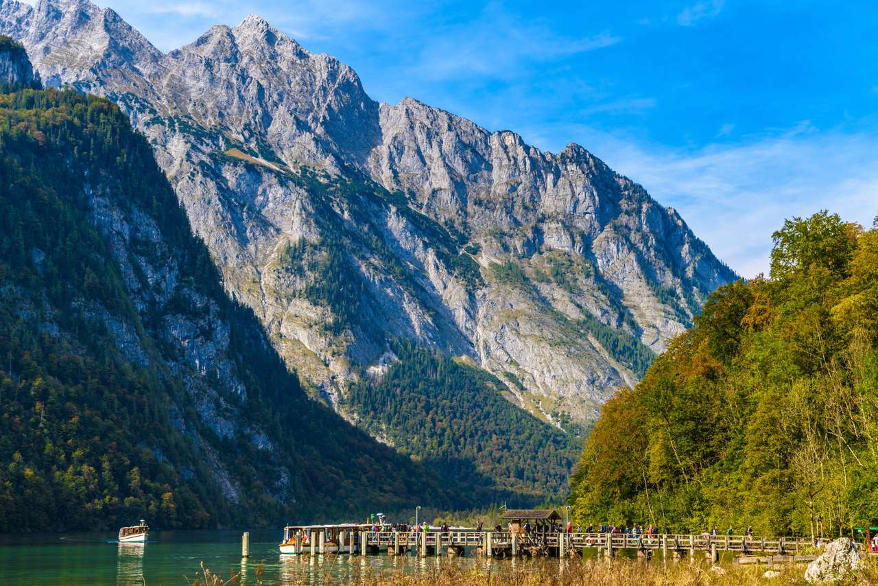 Pier with boats near lake Koenigssee jigsaw puzzle online