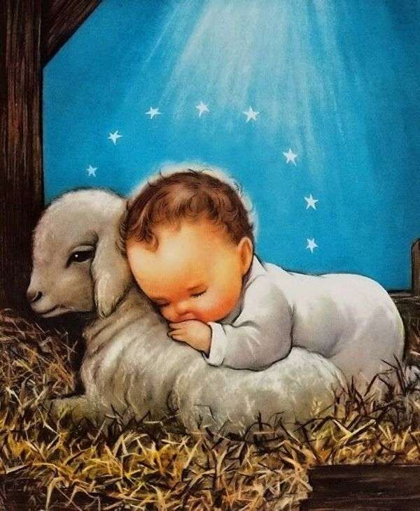 クリスマス＃30-小さな男の子の神は小さな羊の上で眠る オンラインパズル