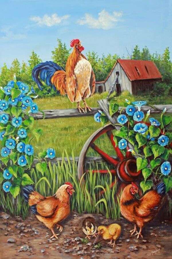 The rooster and his family in the corral jigsaw puzzle online
