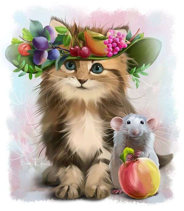 Pisicuță cu pălărie de fructe puzzle online