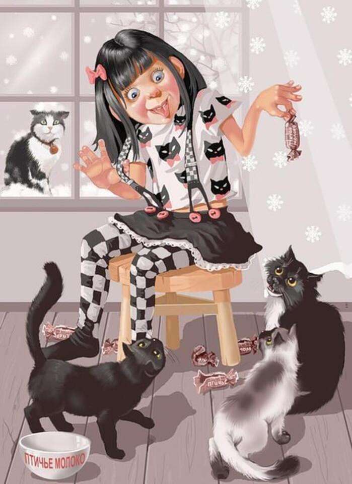 κορίτσι με γάτες παζλ online