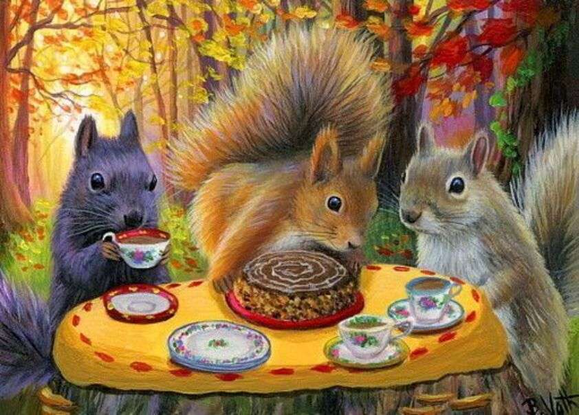 Little squirrels in the forest drinking coffee jigsaw puzzle online