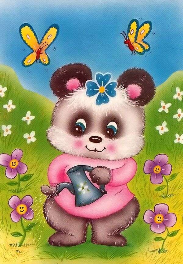 Kis medve öntözi a virágokat online puzzle