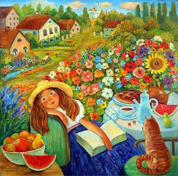 Fată care citește în grădini cu pisica ei jigsaw puzzle online
