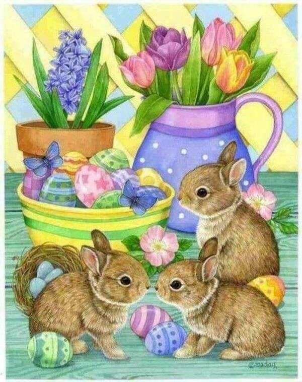 Coniglietti circondati da uova e fiori puzzle online