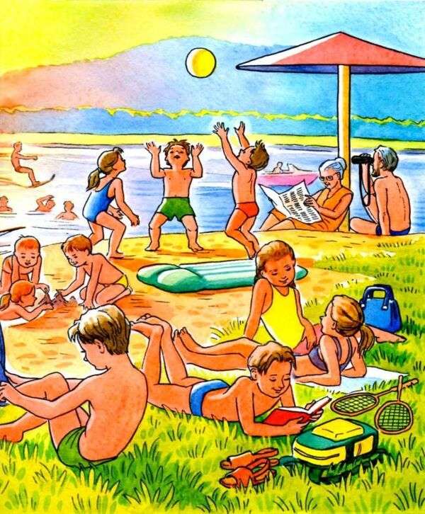 Grupo de niños disfrutando de la playa rompecabezas en línea
