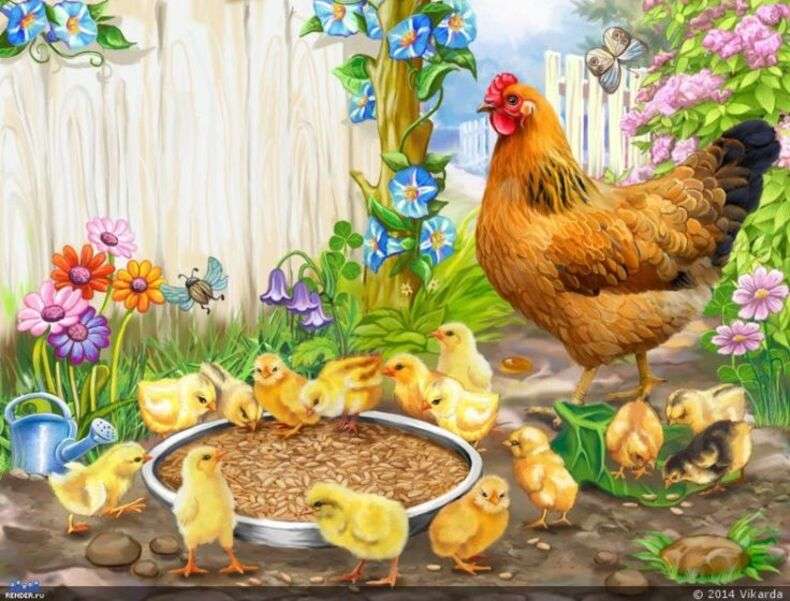 Mother hen takes care that her chicks eat jigsaw puzzle online