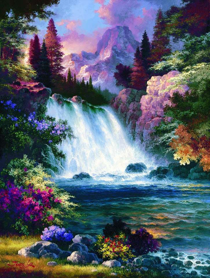 водопад и цветы онлайн-пазл