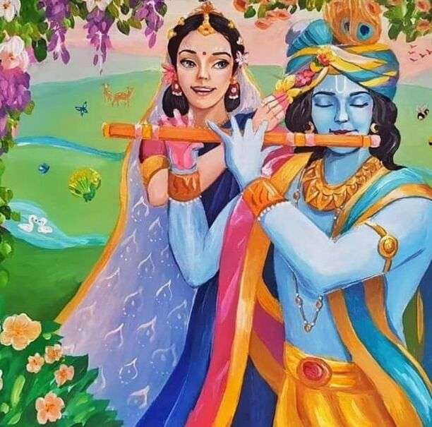 Cuplu indian cântând la flaut în grădină - Art 7 puzzle online