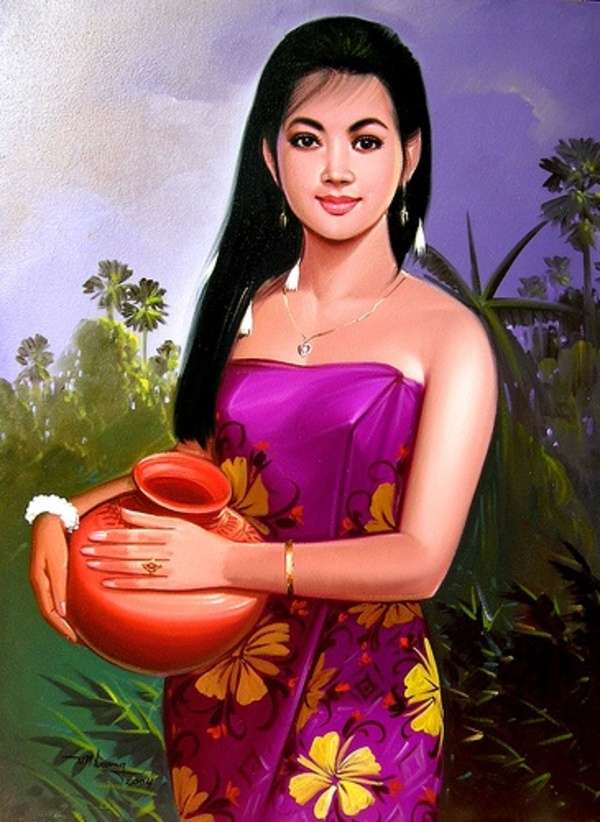 Asian Cambodian lady with pitcher - Art 1 online puzzle